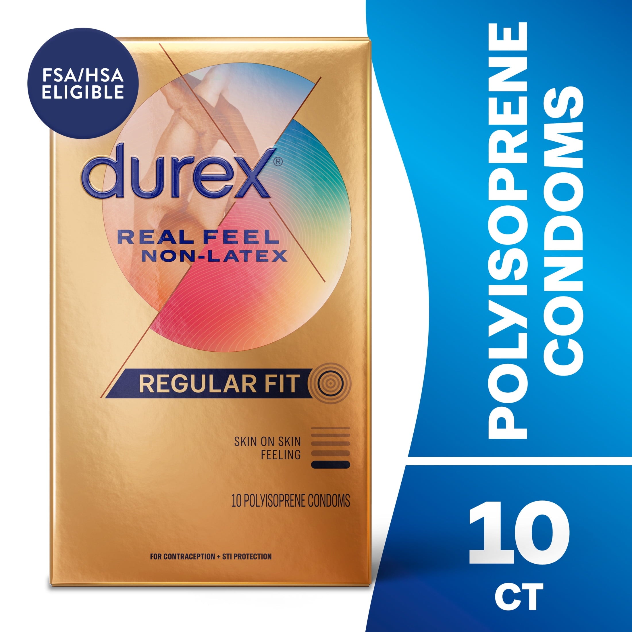 Durex Real Feel Condoms For Men, Non Latex Lubricated Condoms with Skin-On-Skin Feeling, FSA/HSA, 10 ct