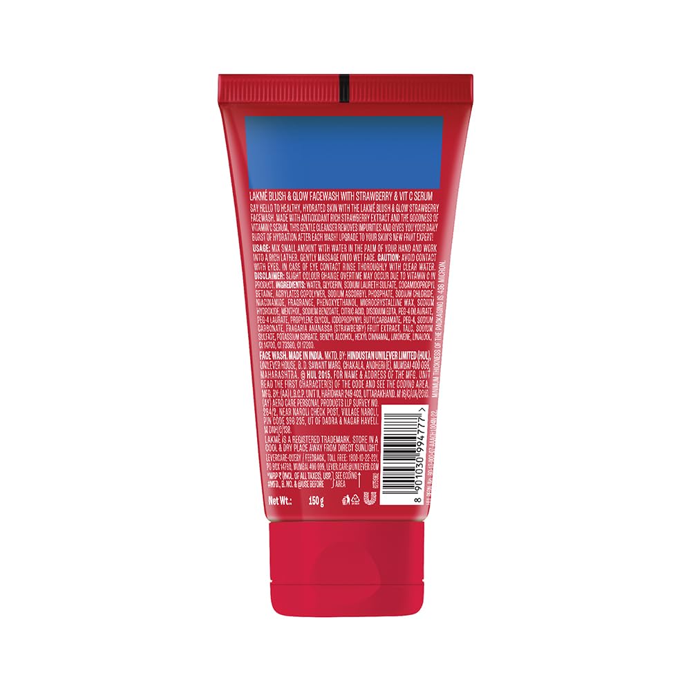 Lakme Blush & Glow Exfoliating Face Wash with Vitamin C Serum, Hydrating and Gentle Facewash with Strawberry Fruit Extracts, 150gm