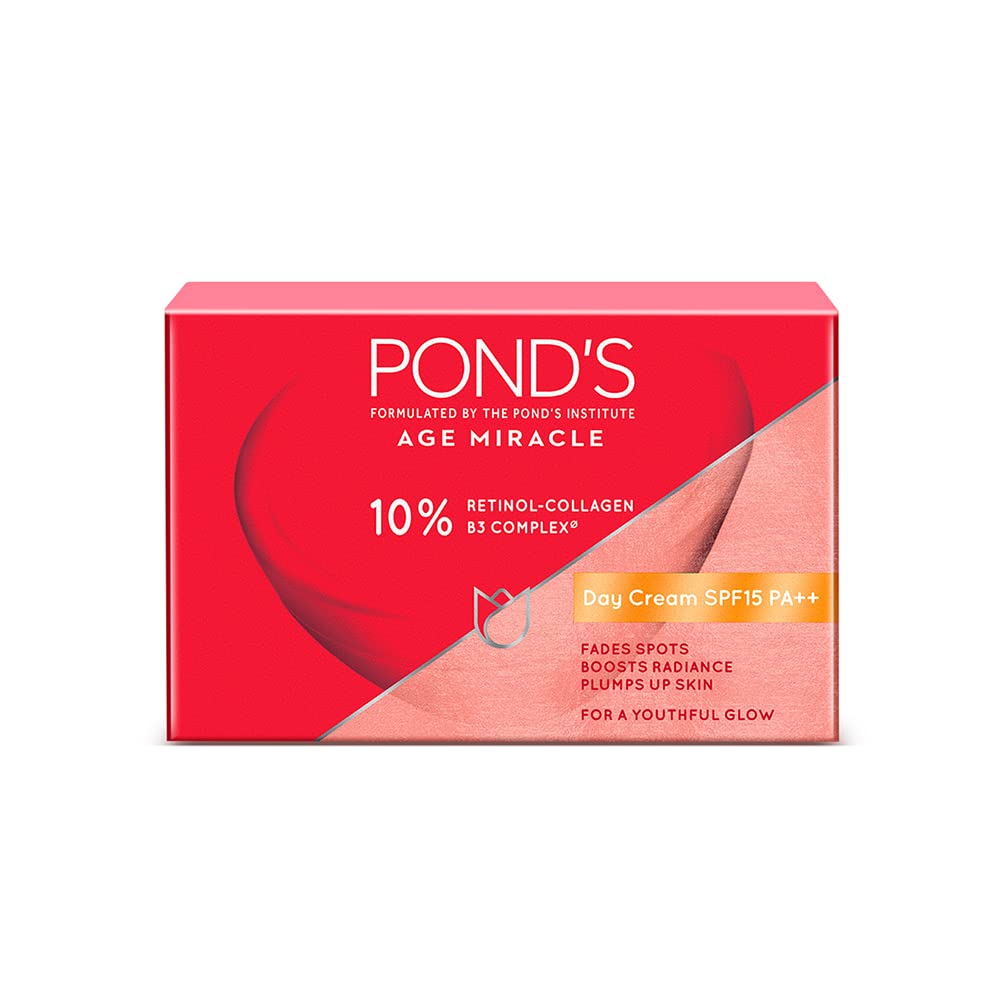 Pond's Age Miracle Youthful Glow Day Cream with SPF 15 PA++, Anti-Ageing Cream, With 10% Retinol-Collagen B3 Complex, Reduce Fine Lines & Combat Sagging Skin, 50g