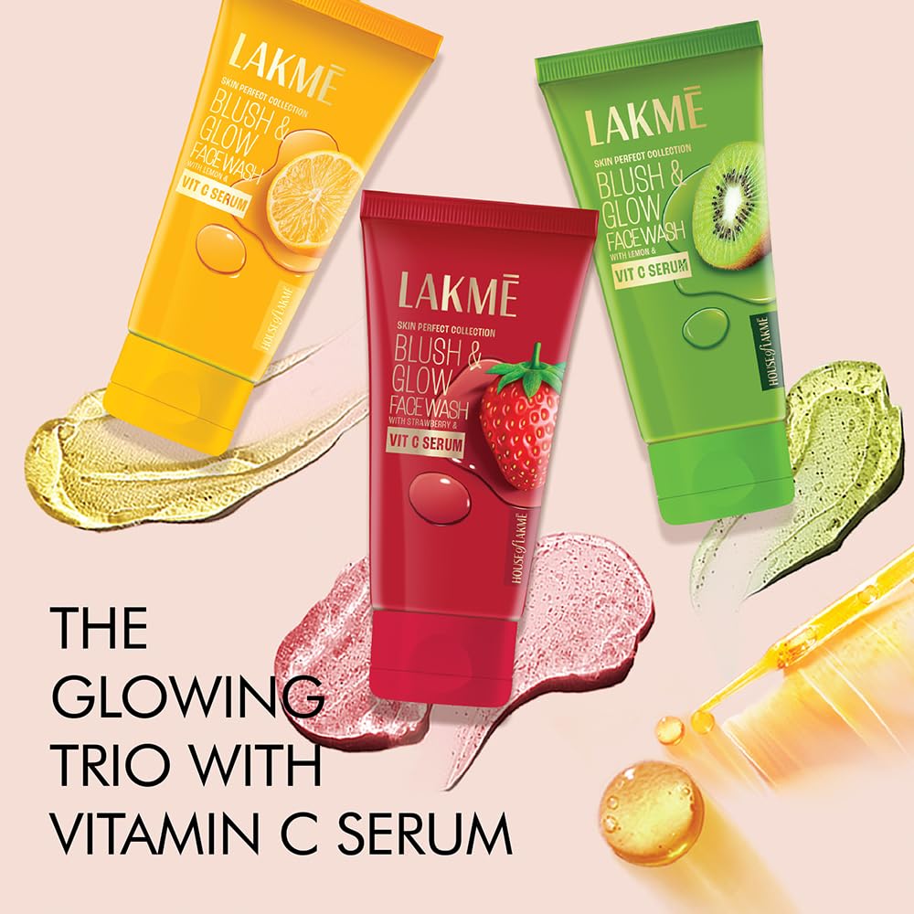 Lakme Blush & Glow Exfoliating Face Wash with Vitamin C Serum, Hydrating and Gentle Facewash with Strawberry Fruit Extracts, 150gm