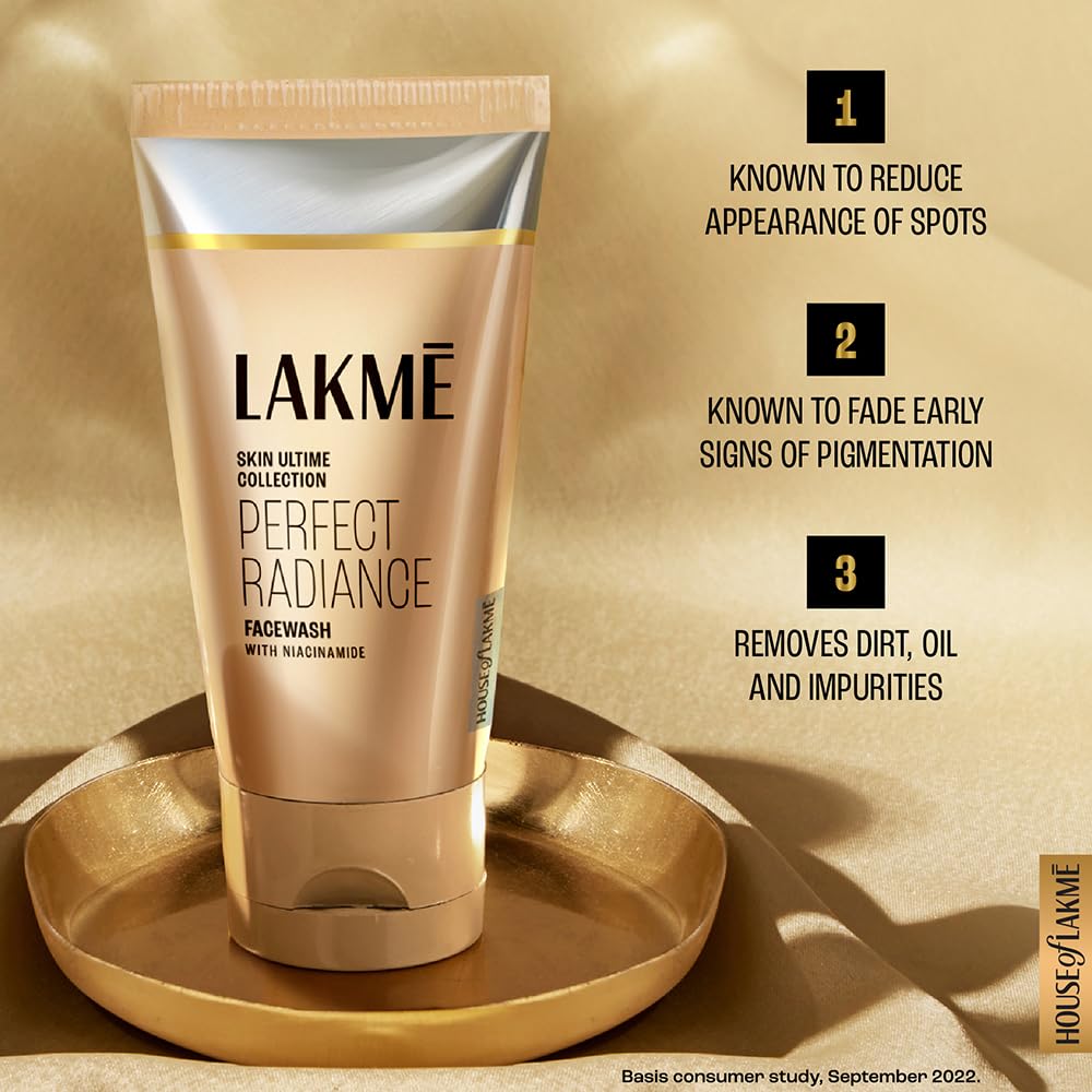 LAKME Perfect Radiance Brightening Facewash with 98% Pure Niacinamide Complex | For Glowing Skin with Glycerin | Known to Reduce Pigmentation | 50gm