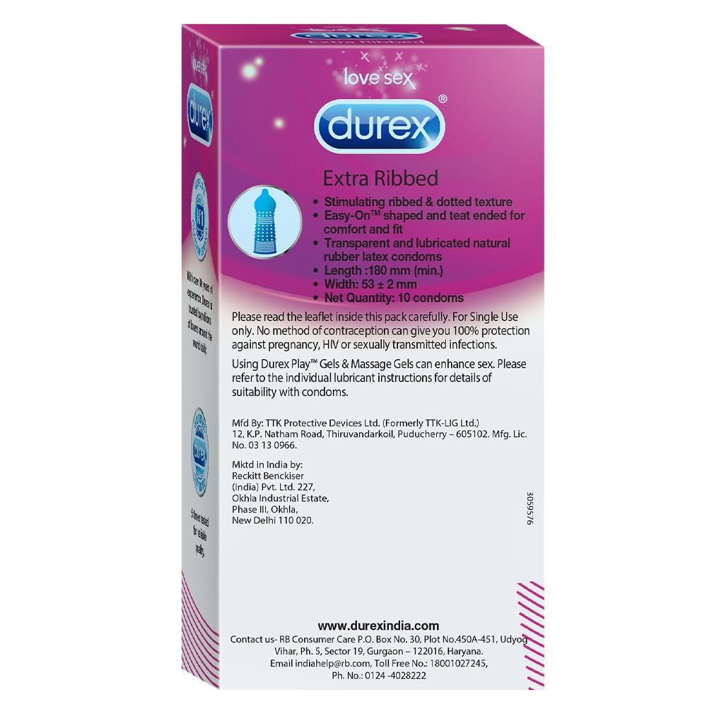 Durex Condoms Extra Ribbed - 20 Condoms, 10s(Pack of 2)