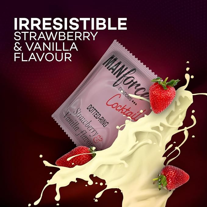 Manforce Condoms – Strawberry & Vanilla Cocktail, 10 Pcs (Set of 5) | Long-Lasting, Dotted & Flavored Latex Condoms for Men Sellzoa