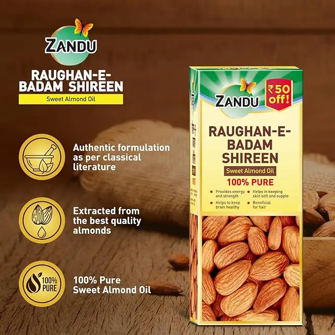 Zandu Raughan-E-Badam Shireen 100ml | 100% Pure Cold Pressed Sweet Almond Oil | For Hair, Skin & Health Sellzoa