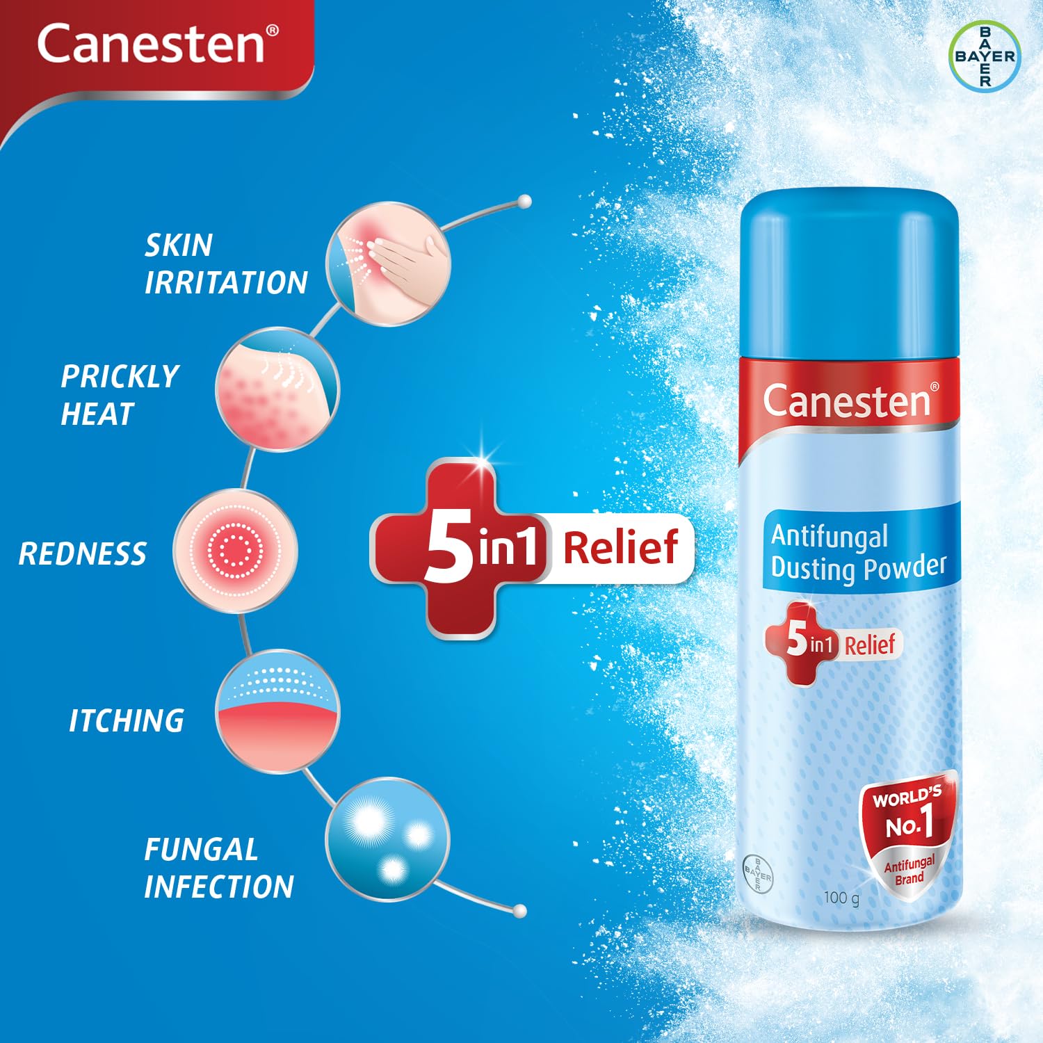 Canesten Dusting Antifungal Powder Relief from Skin Irritation Prickly Heat Redness Itching Fungal Infection - 100gm x Pack of 2