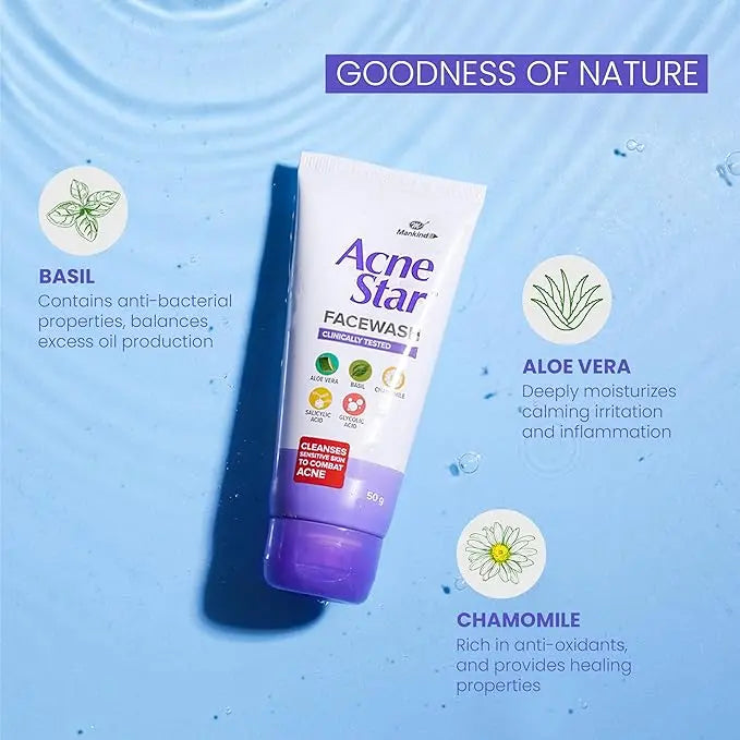 Mankind Acnestar Unisex Facewash 50g × 3 | Anti-Acne Face Gel with Salicylic & Glycolic Acid | For Oily & Acne-Prone Skin Sellzoa