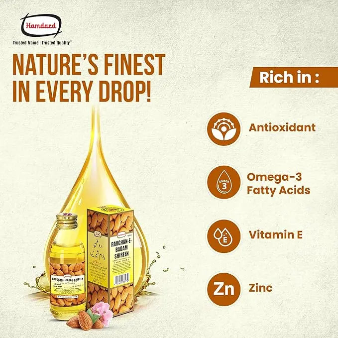 Hamdard Raughan-e-Badam Shireen 100ml | Pure Sweet Almond Oil for Skin, Hair & Wellness Sellzoa