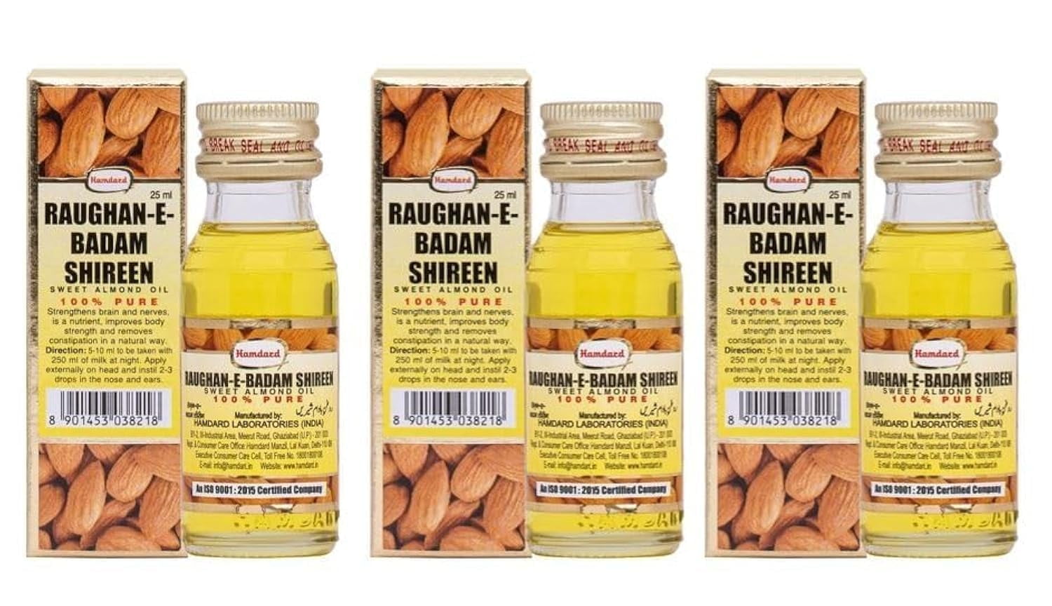 Hamdard Raughan-E-Badam Shireen Sweet Cold Pressed 100% Pure And Natural Almond Oil- 25Ml (Pack Of 3)