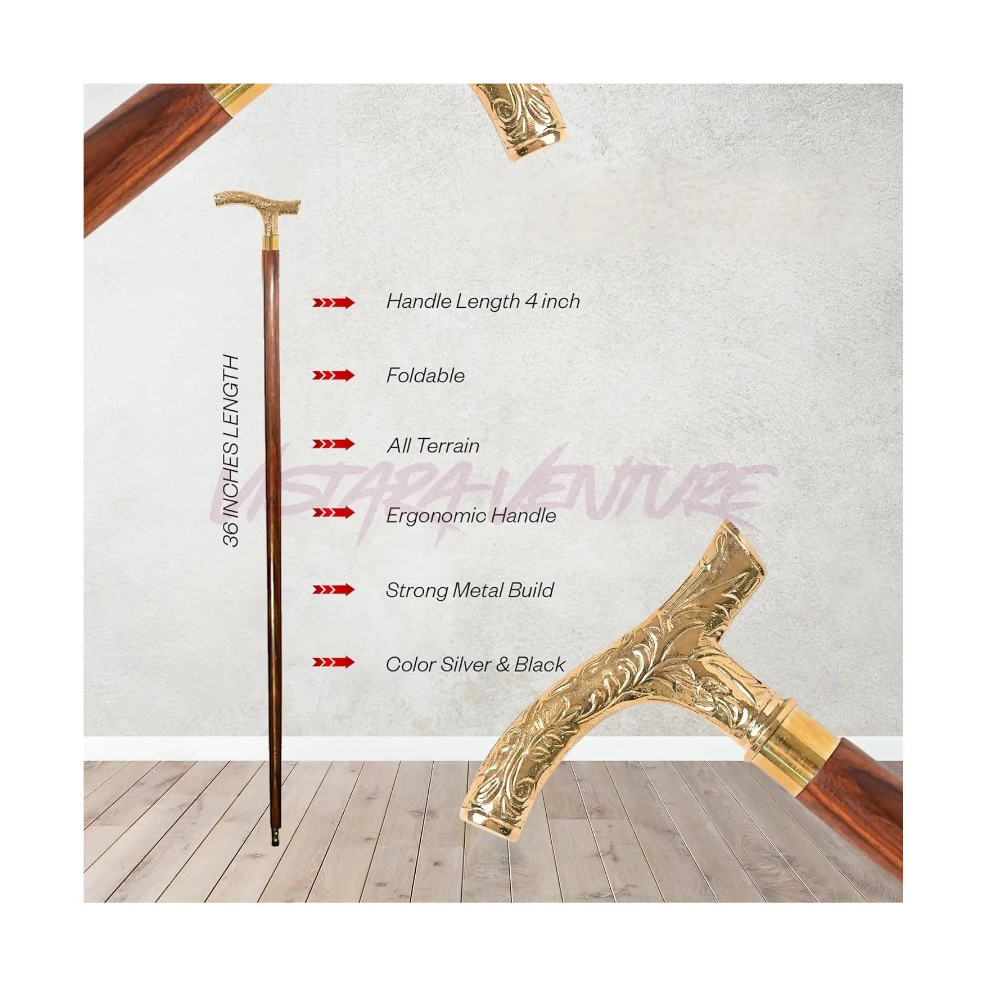 Walking Cane with Brass Handle – Handmade 36" Wooden Walking Stick for Men & Women – Ergonomic, Vintage Design – Lightweight Mobility Aid – FSA/HSA Eligible Sellzoa