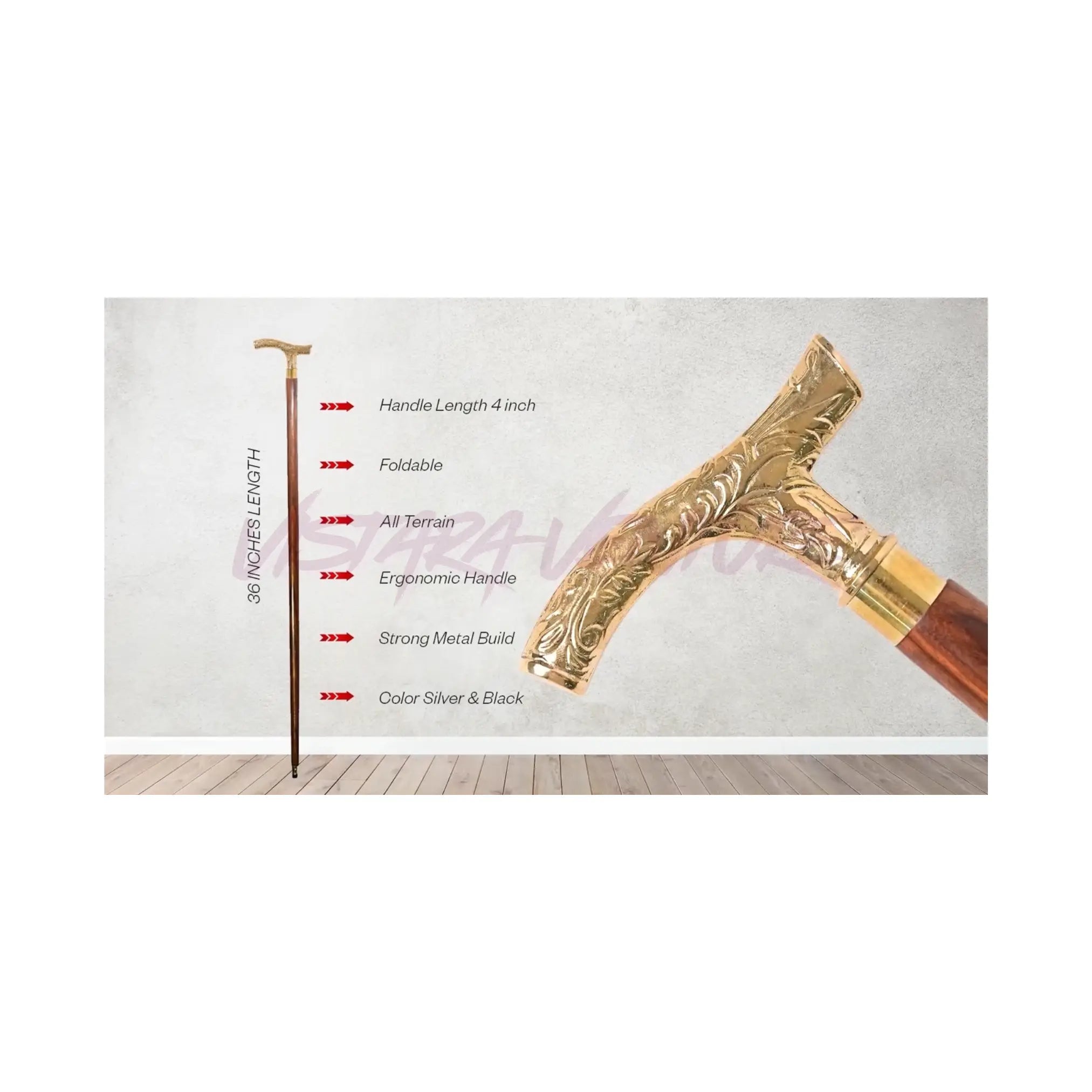 Walking Cane with Brass Handle – Handmade 36" Wooden Walking Stick for Men & Women – Ergonomic, Vintage Design – Lightweight Mobility Aid – FSA/HSA Eligible Sellzoa