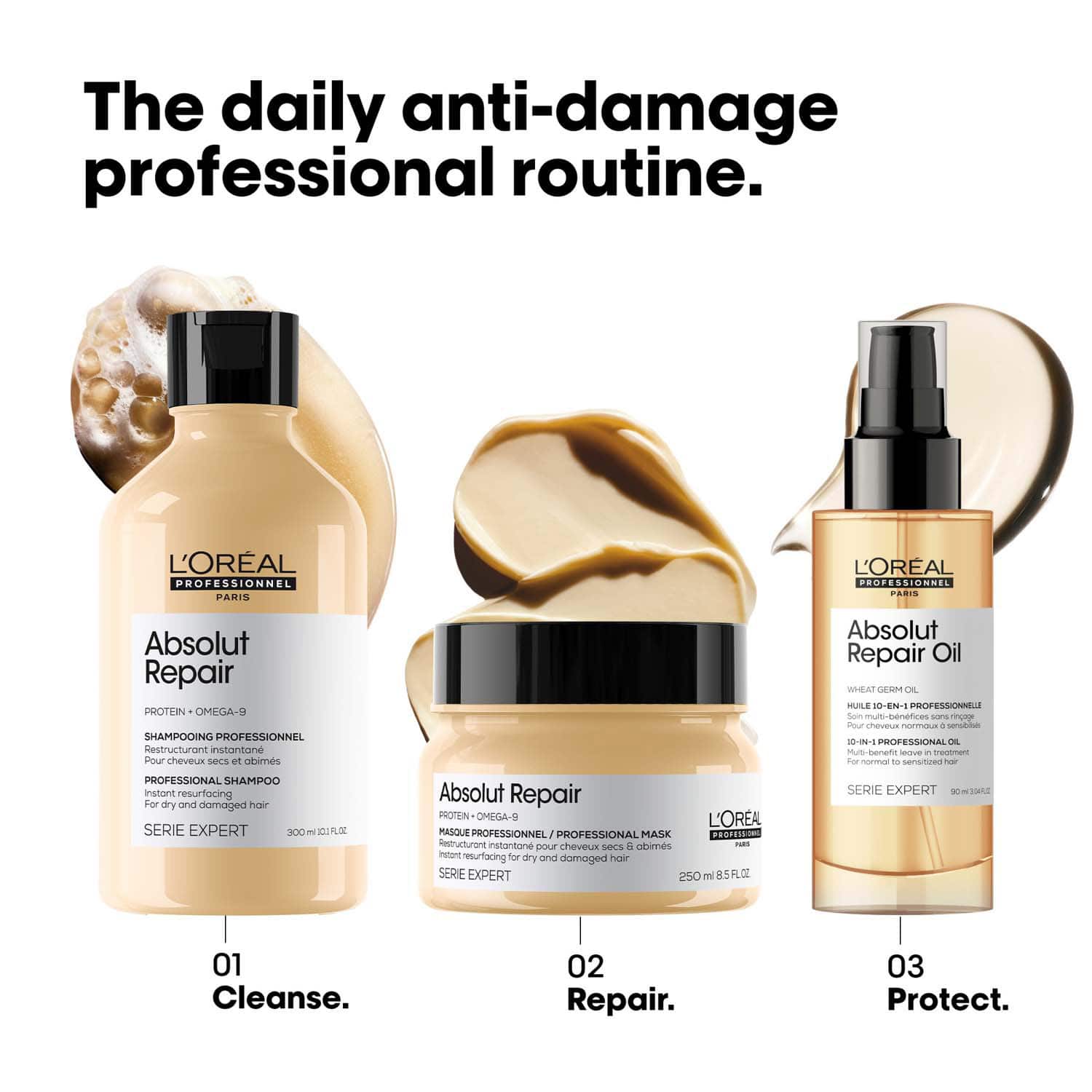 L'Oreal Professionnel Absolut Repair 10-in-1 Leave-in Serum for Dry & Damaged Hair - 90ml | 10-in-1 Multi-Benefit Leave-In Hair Oil, 1 action with 10 benefits, Enriched with Wheat Germ Oil