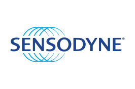 Blue sensodyne logo with a circular, geometric design.