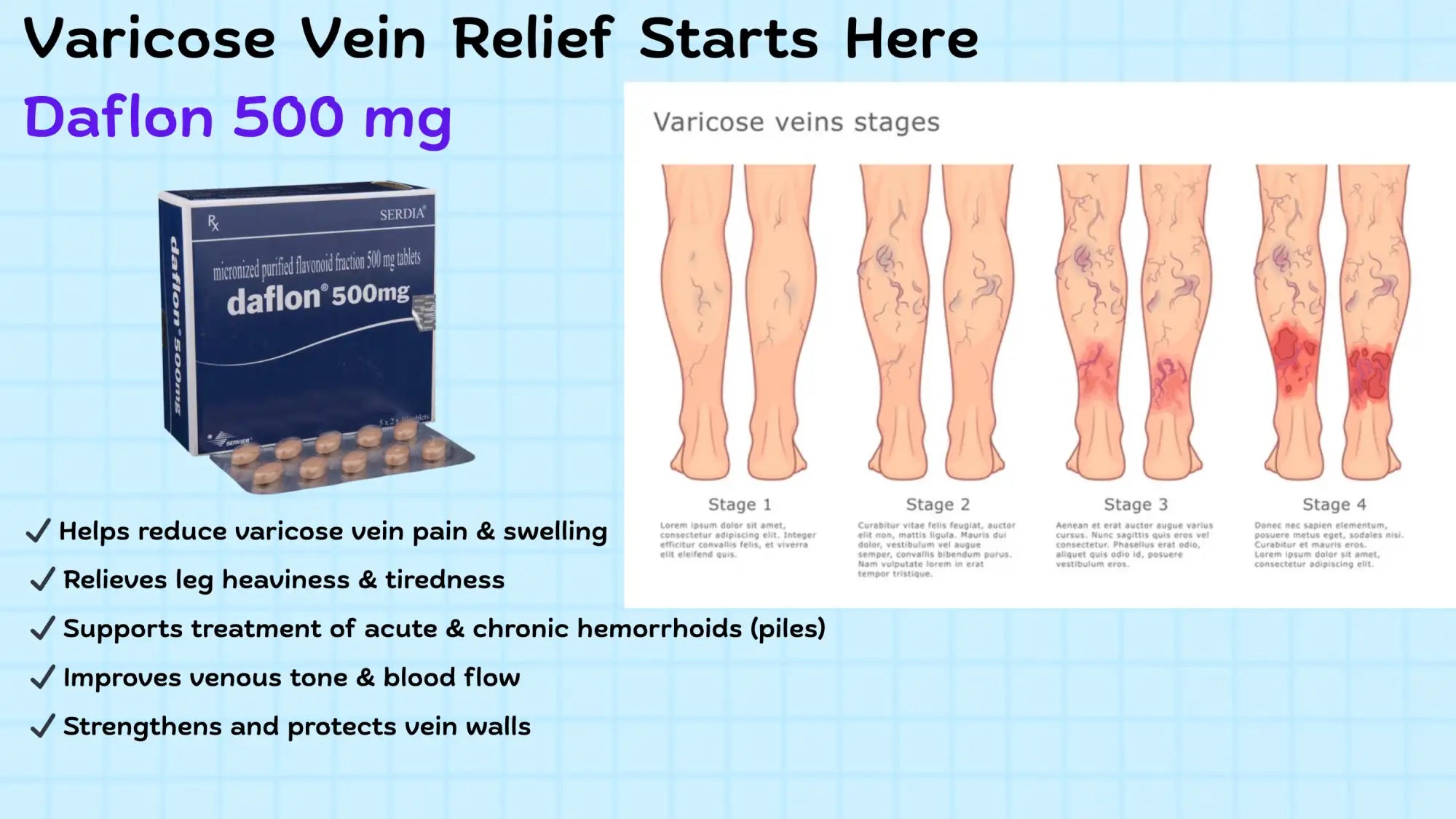Blue and white box of daflon 500 mg medication with blister pack.