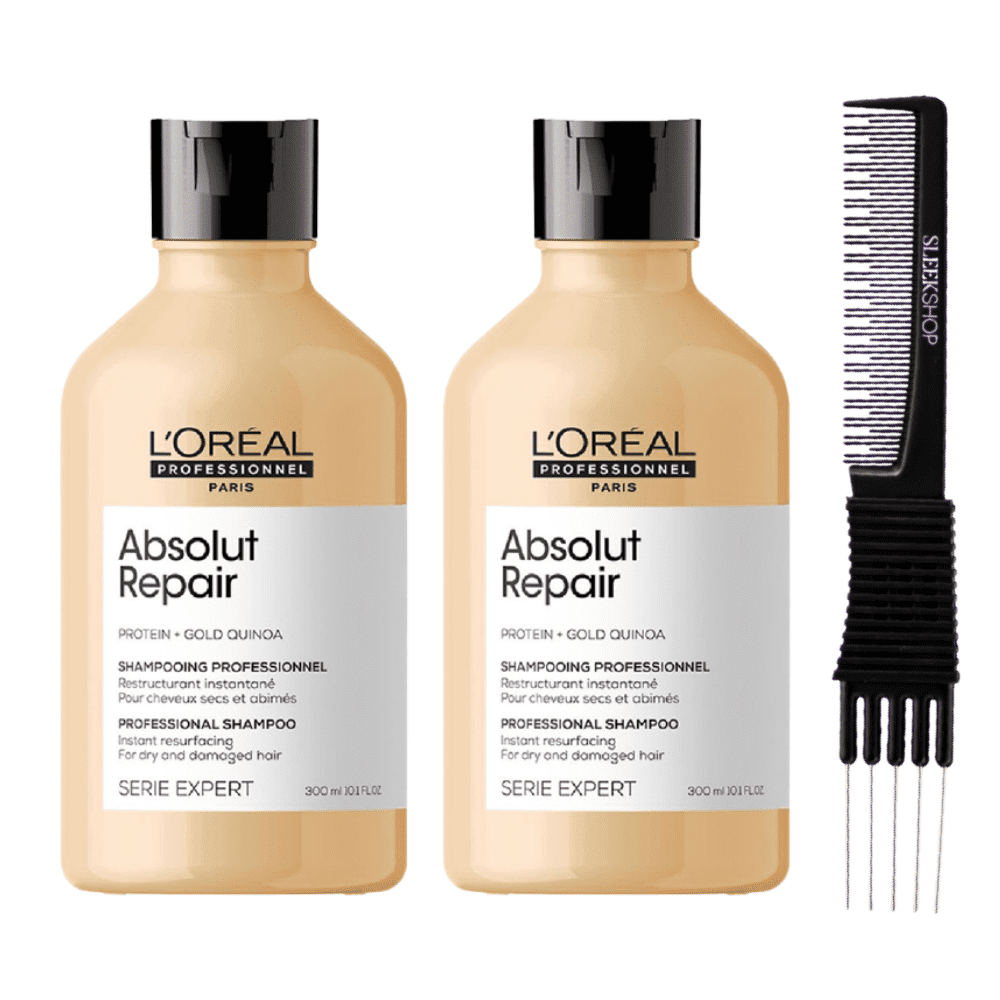 L'Oreal SerieExpert Gold Quinoa+Protein Absolut Repair Resurfacing Shampoo (10.1 oz) with SLEEKSHOP Teasing Comb Pack of 2