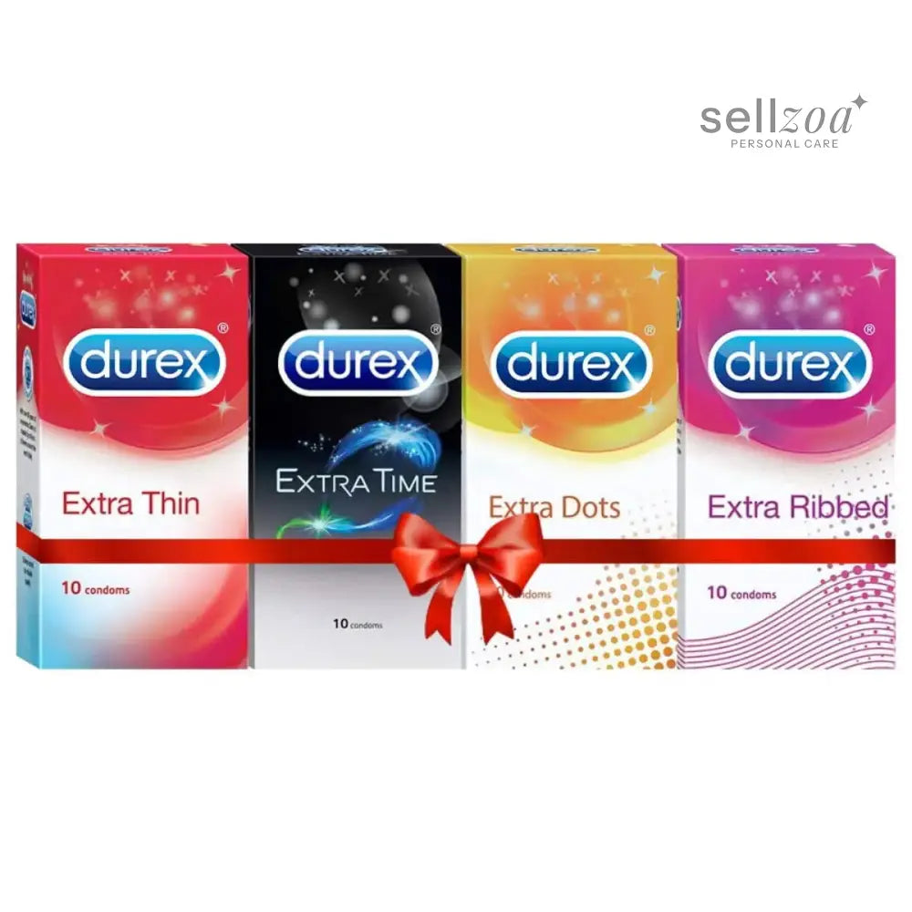 Durex Multi-pack Condoms for Men (Extra Time, Extra Dotted, Extra Ribbed, Extra Time) - 10 count (Pack of 4)