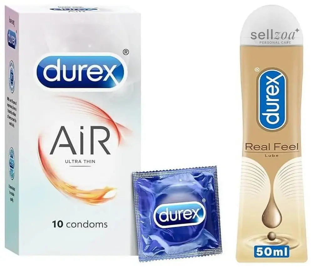Durex Real Feel Long-Lasting Lubricant - 50ml & Durex Air Condoms for Men - 10 Count