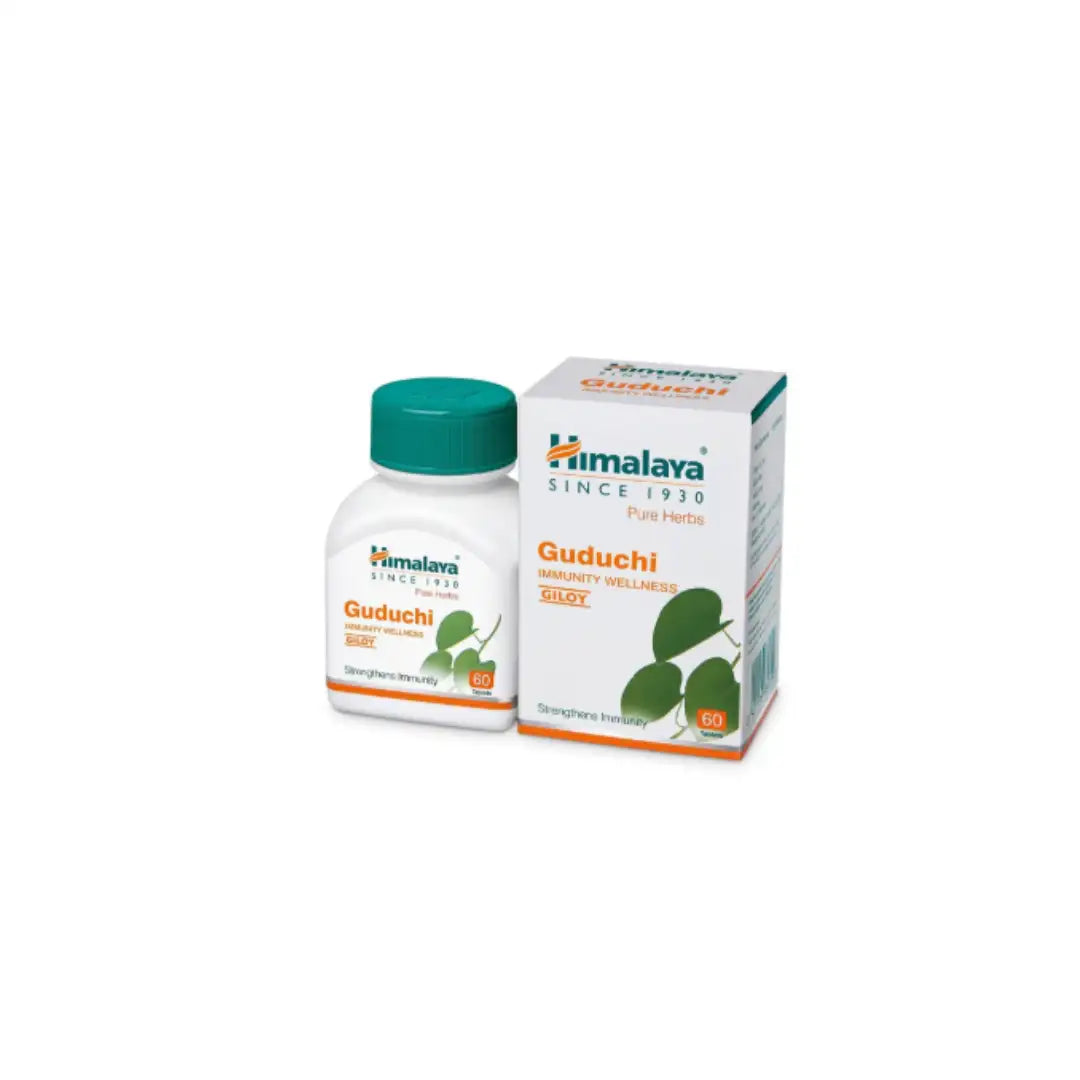 Himalaya guduchi immunity wellness supplement in a white bottle with a teal cap and matching box, featuring green leaf graphics.
