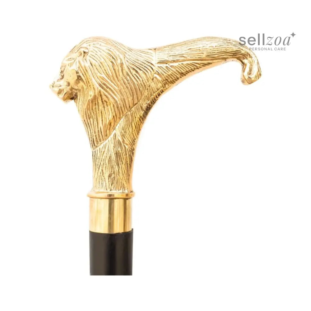 Lion Face Walking Cane with Brass Handle – Handmade Wooden Walking Stick for Men & Women – Ergonomic Vintage Design –