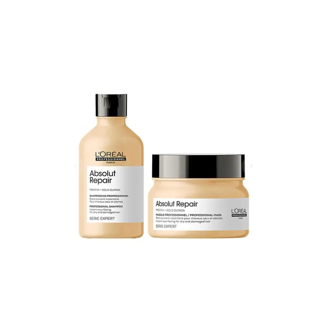 L’oréal professionnel absolut repair professional shampoo and mask set in beige bottles with black caps.
