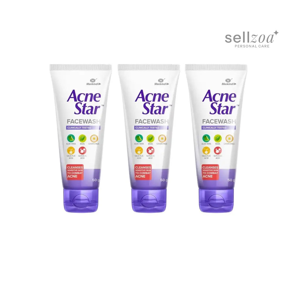 Mankind Acnestar Unisex Facewash 50g × 3 | Anti-Acne Face Gel with Salicylic & Glycolic Acid | For Oily & Acne-Prone Skin Sellzoa