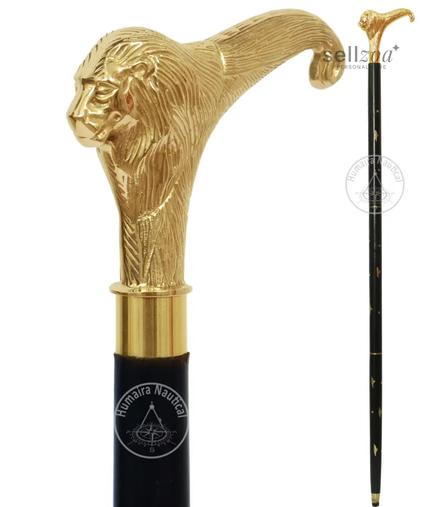 Nautical Solid Brass Lion Head Handle Wooden Walking Stick Cane Vintage Designer Handmade - Canes & Walking Sticks