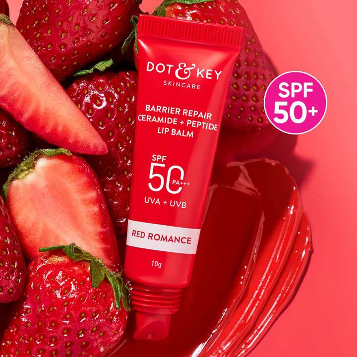 DOT & KEY Dot&Key Ceramide & Peptide Barrier Repair Lip Balm Spf 50,Pa+++|Red Romance|Uva/Uvb Lip Protection|Soft Tinted Lip Moisturizer|Boosts Collagen&Instantly Plumps Li