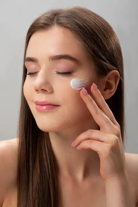 A soft, white cream being gently applied to the cheek with a finger.