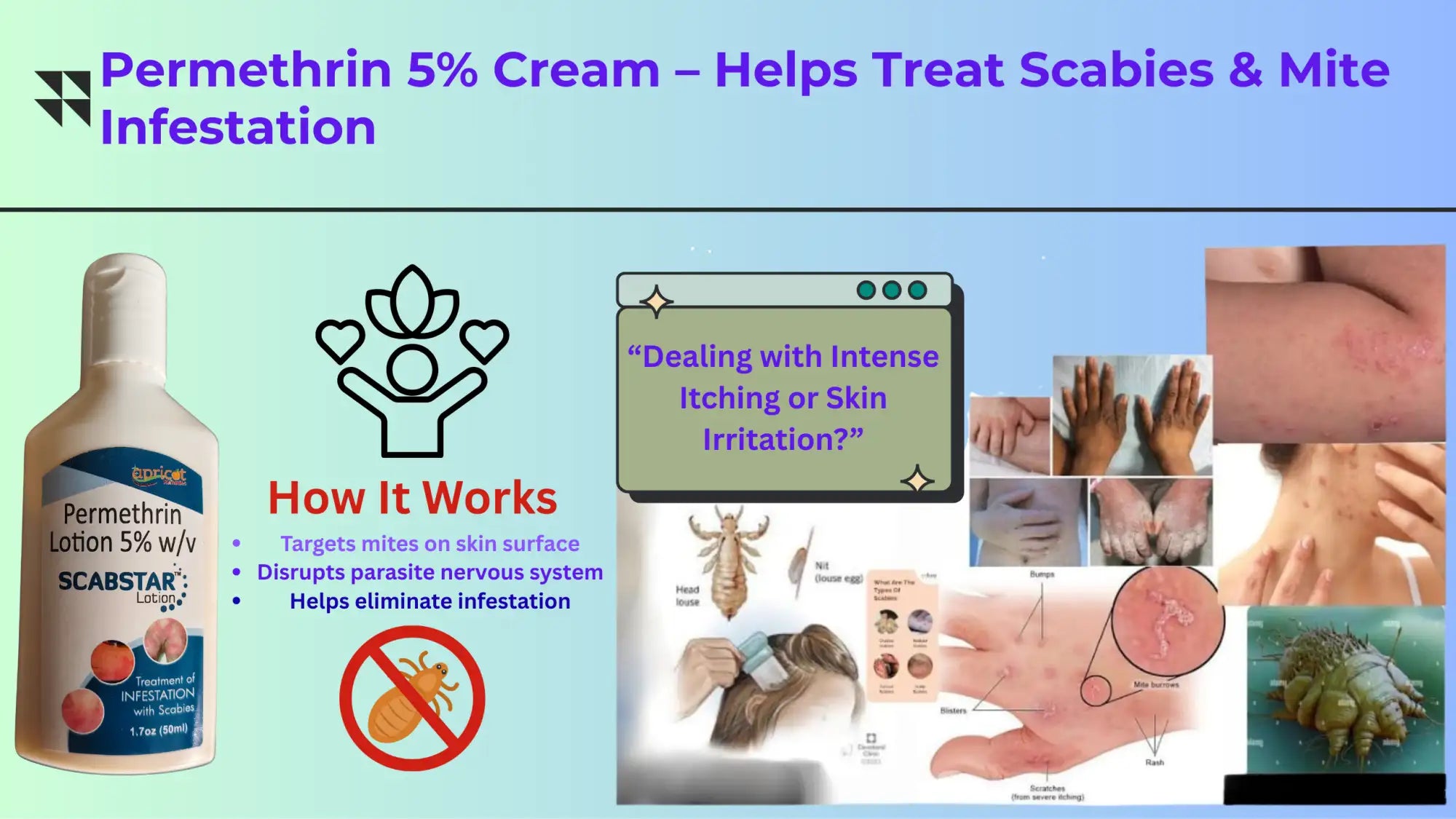 White plastic bottle of permethrin 5% cream labeled ’scabstar’ with blue and red branding for treating scabies and mite infestation.