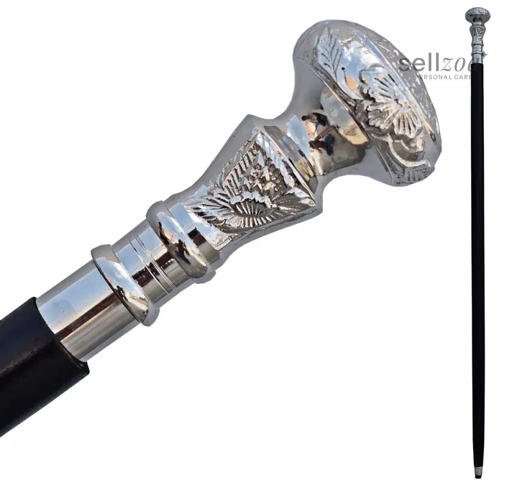 Vintage Wooden Walking Cane with Silver Brass Handle – Victorian Style Decorative Walking Stick – Antique Collectible Gift for Men & Women