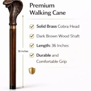 Cobra face brass head walking stick 36 inch brass handle detail