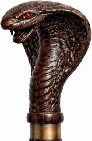 Cobra face brass head walking stick 36 inch solid wood shaft