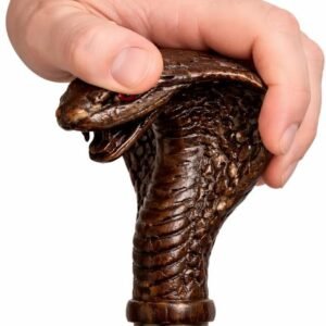 Cobra face brass head walking stick 36 inch full length side view