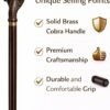 Cobra face brass head walking stick 36 inch rubber tip base