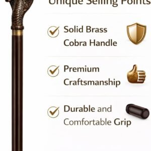 Cobra face brass head walking stick 36 inch rubber tip base