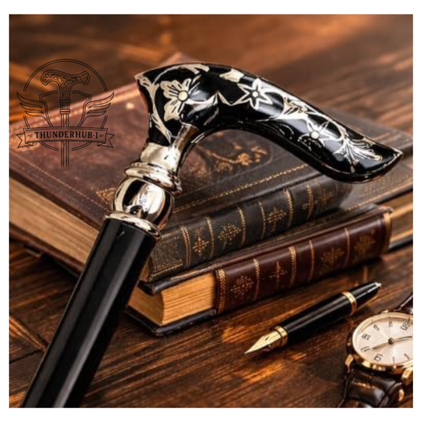 Alternative view of Silver Floral Derby Walking Cane – 36 Inch Handmade Wooden Walking Stick