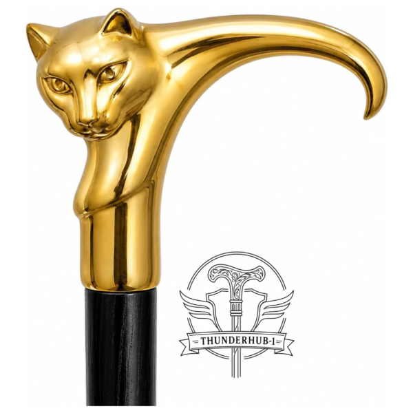Cat Head Brass Walking Cane – 36 Inch Handmade Wooden Walking Stick