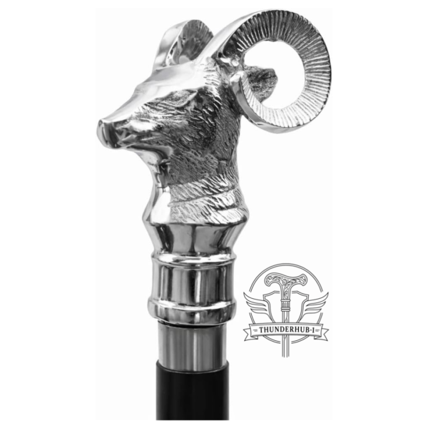 Alternative view of Silver Ram Head Walking Cane – 36 Inch Premium Wooden Walking Stick with Polished Metal Handle