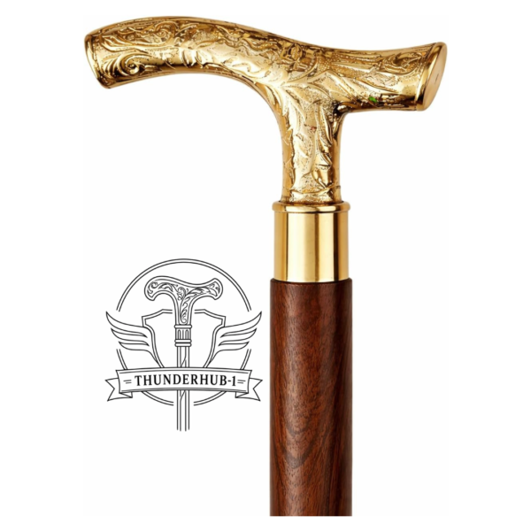 Engraved Brass T Handle Walking Cane – 36 Inch Handmade Wooden Walking Stick
