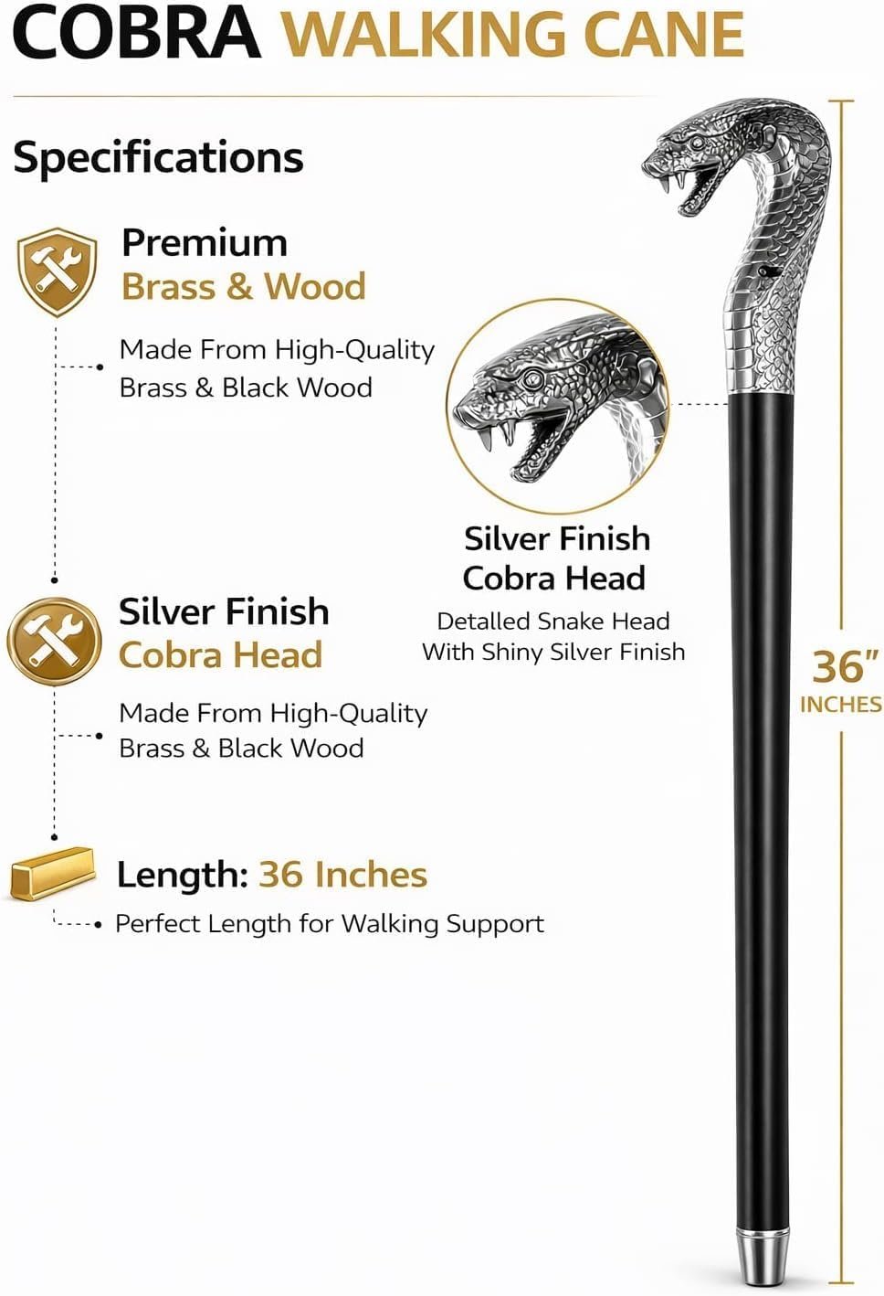 Cobra Face Brass Head Walking Stick 36 Inch – Premium Handcrafted Wooden Cane | Vintage Style - Image 12