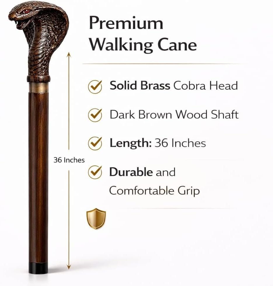 Cobra Face Brass Head Walking Stick 36 Inch – Premium Handcrafted Wooden Cane | Vintage Style - Image 6