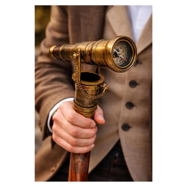Steampunk Telescope Walking Cane with Compass & Hidden Compartment – 38 Inch Solid Wood Brass Handle Walking Stick