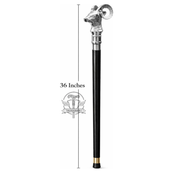Silver Ram Head Walking Cane – 36 Inch Premium Wooden Walking Stick with Polished Metal Handle