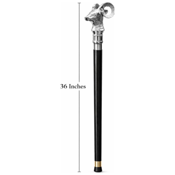 Silver Ram Head Walking Cane – 36 Inch Premium Wooden Walking Stick with Polished Metal Handle