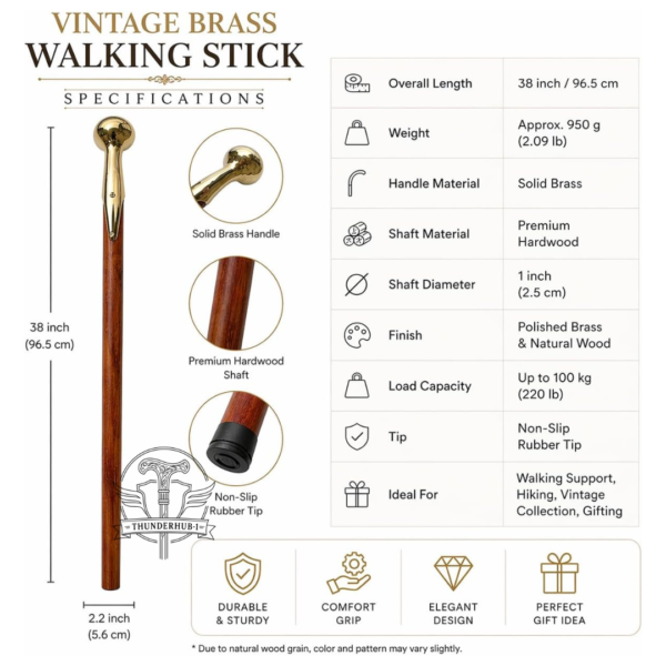 Round Brass Handle Walking Cane – 36 Inch Handmade Wooden Walking Stick