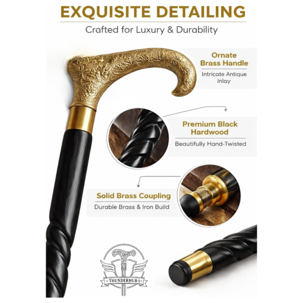 Gold Derby Brass Walking Cane – 36 Inch Handmade Wooden Walking Stick with Decorative Brass Handle