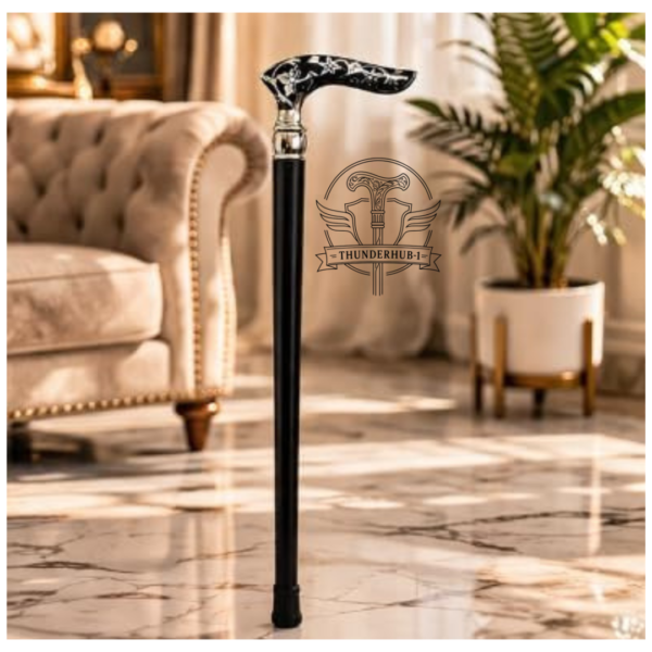 Silver Floral Derby Walking Cane – 36 Inch Handmade Wooden Walking Stick