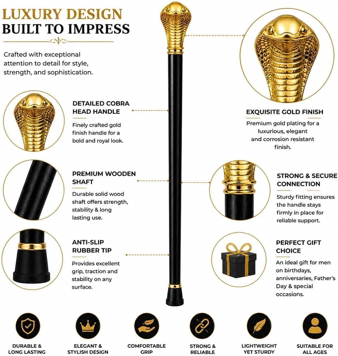 Cobra Face Brass Head Walking Stick 36 Inch – Premium Handcrafted Wooden Cane | Vintage Style - Image 7
