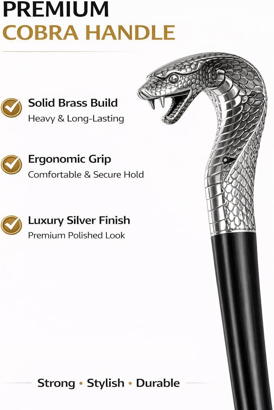 Cobra Face Brass Head Walking Stick 36 Inch – Premium Handcrafted Wooden Cane | Vintage Style - Image 8