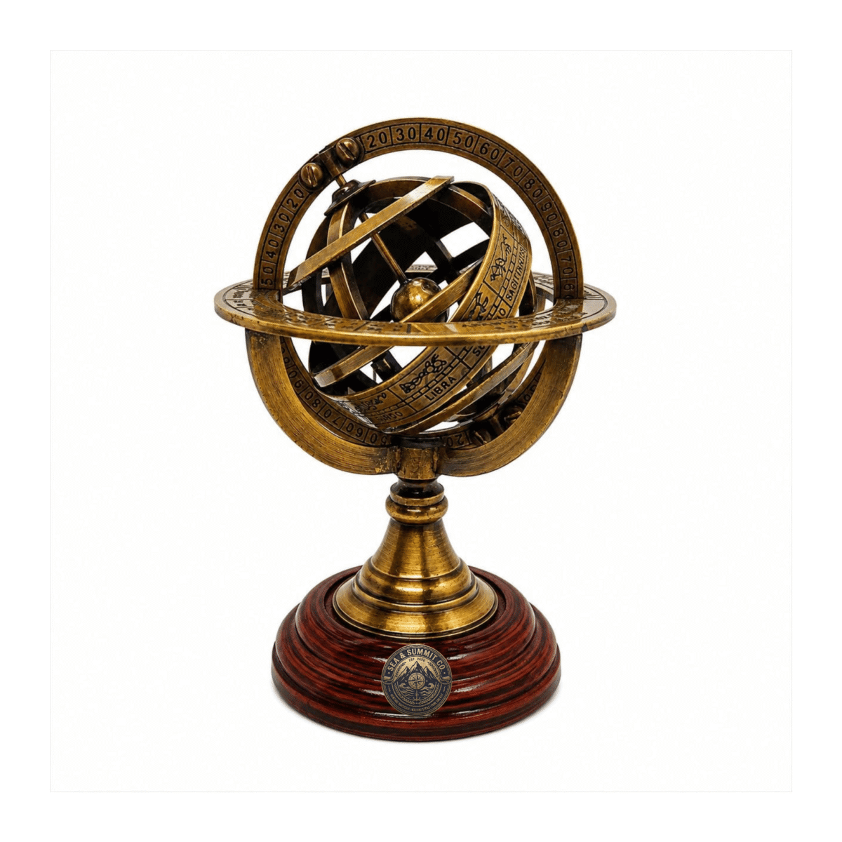 Antique Brass Armillary Sphere with Wooden Base – 10 Inch Vintage Celestial Globe Table Decor