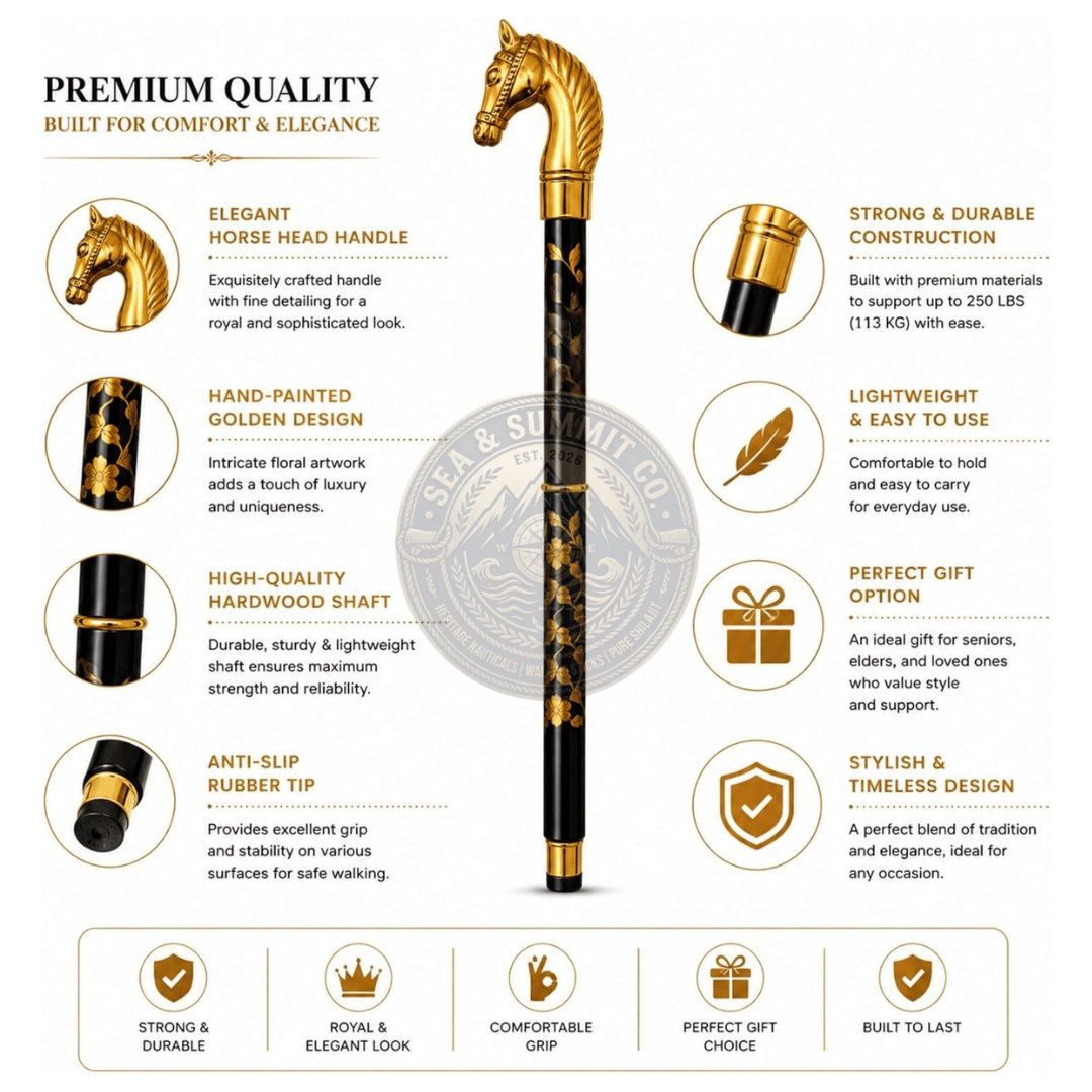 Antique Bronze Horse Head Walking Cane – 36 Inch Handmade Wooden Walking Stick
